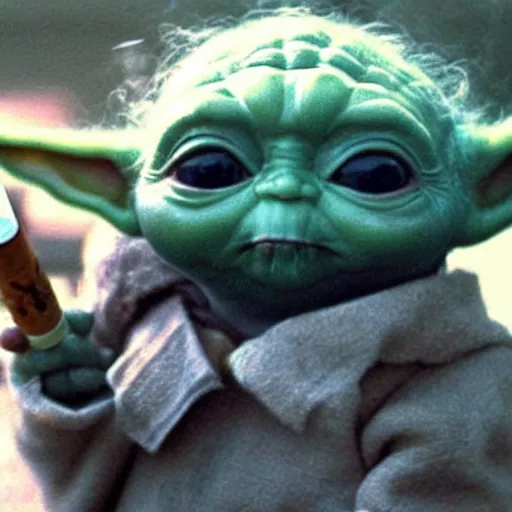 Image similar to Baby Yoda smoking a cigarette 4K quality