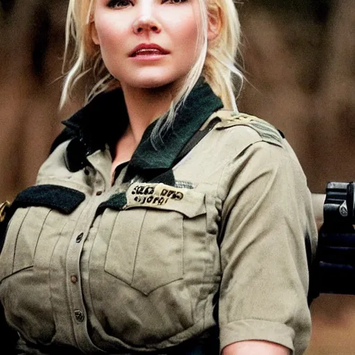 Prompt: elisha cuthbert as a soldier in a scifi battlefield