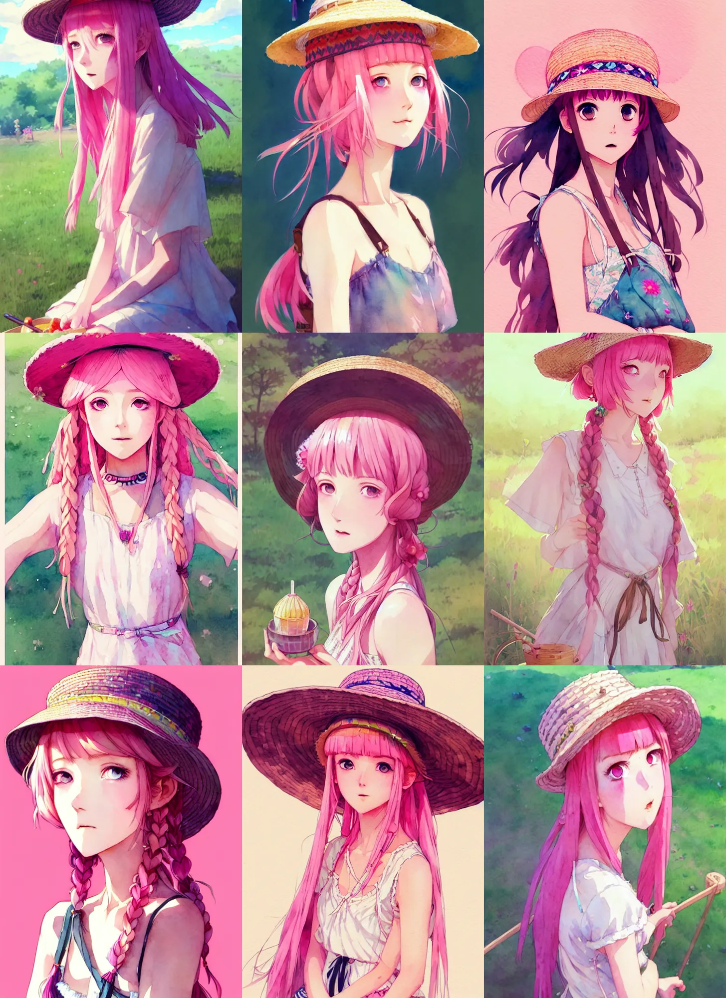 Prompt: portrait of a cute girl with pink hair with straw hat dress in boho style camping, symmetry face, top lighting, cute - fine - face, ( watercolor ), fan bingbing, art by hidari and krenz cushart and wenjun lin and starember and kuvshinov ilya and kidmo