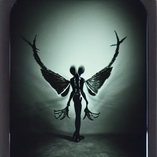 Image similar to a dark artistic photo of an alien creature with crazy wings, a polaroid photo