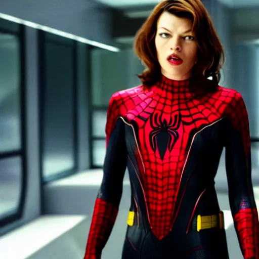 Image similar to Mila Jovovich as spiderwoman , film still, best scene,focus on character