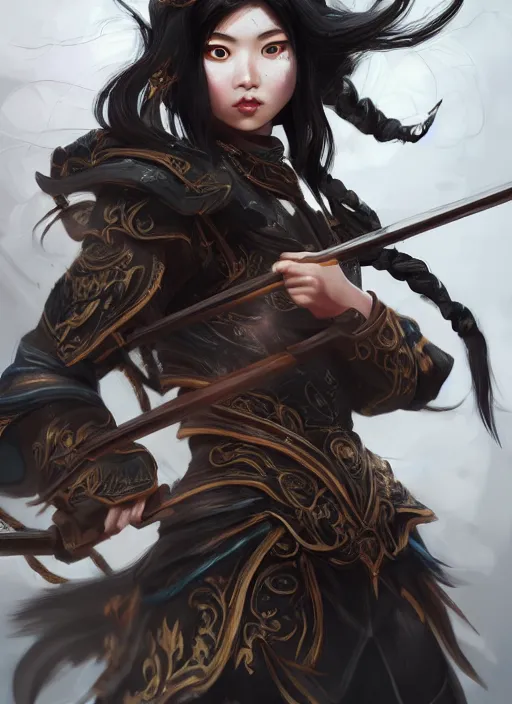 Image similar to a highly detailed illustration of fierce black haired mongol warrior woman with bow, heroic shooting bow pose, perfect hyperdetailed face, intricate, elegant, highly detailed, centered, digital painting, artstation, concept art, smooth, sharp focus, league of legends concept art, wlop.