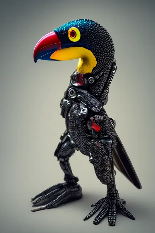 Image similar to a macro photo of a cyborg toucan miniature figurine, dynamic pose, chrome parts, glowing power source, intricate details, intricately detailed textures, warm lighting, vivid colors, realistic octane render, hyper realistic render, volumetric shading, depth of field, raytracing, 8 k,