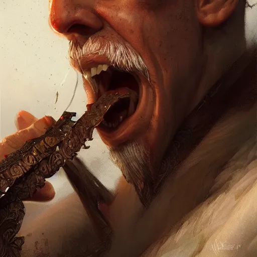 Image similar to portrait of a 6 0 year old male fighter eating beef jerky, fantasy, intricate, elegant, highly detailed, digital painting, artstation, concept art, matte, sharp focus, illustration, art by aenaluck and roberto ferri and greg rutkowski, epic fantasy, digital painting