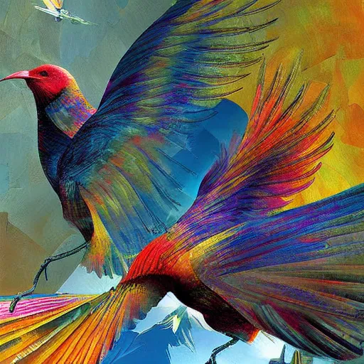 Image similar to iridescent colorful digital birds fly over a progressively rasterized city into virtuality, oil on canvas by dave mckean and ivan shishkin