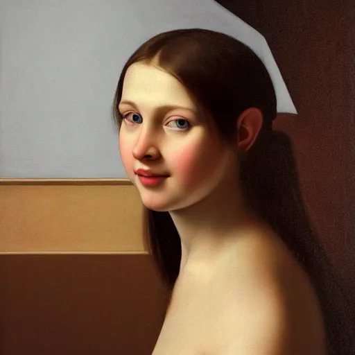 Prompt: full body portrait of a girl with blue eyes, gentle round face, with a bright smile, long dark hair, highly detailed, deep focus, elegant, digital painting, smooth, sharp focus, golden ratio, illustration, ultra realistic, 8 k, art by artemisia lomi gentileschi and caravaggio