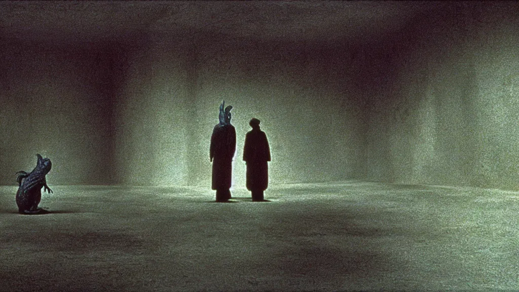 Image similar to the strange creature was sad, for they could not speak, film still from the movie directed by christopher nolan and david cronenberg with art direction by zdzisław beksinski and dr. seuss