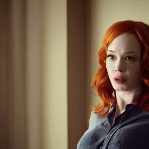 Image similar to amazing beautiful Christina Hendricks with mouth wide open in the living room, film still from the movie directed by Denis Villeneuve , wide lens