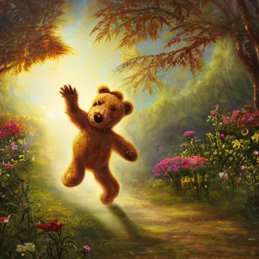 Image similar to breathtaking detailed concept art painting of a teddy bear chasing will-o-wisp in the garden, orthodox saint, ornate background