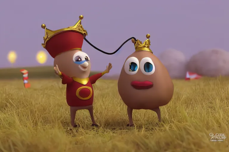 Image similar to the potato king which is a potato appears before the large crowd of his subjects in all his glory wearing his crown, concept art, blender, glossy googly eyes, realistic dirt.