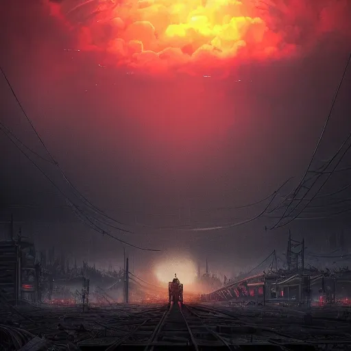 Image similar to a dark foreboding landscape where one single tree grows, amidst broken metal machines, with the sky on fire. Gustave Dore, ponyo and artrift, trending on artstation, cyberpunk, CGSociety, hyperealism, extremely detailed landscape art, 3d render, 4k hd, depth of field, super high def, IMAX.