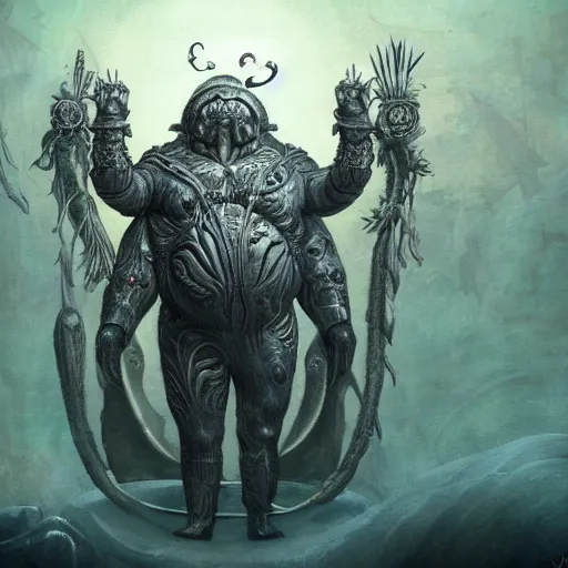 Prompt: fat poseidon in ancient alien flora and fauna ocean sci-fi armor, giger style, stylized, highly detailed, trending on artstation, award winning-n 9