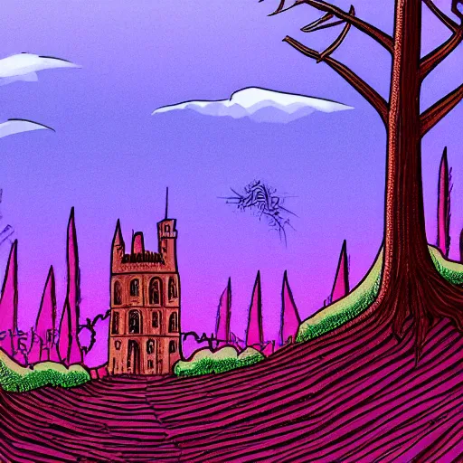 Prompt: hi detailed giger illustration dark violet atmosphere lighting, zig - zag path and evil sharp castle over a high dark blue hill at night. orange to pink gradient sky and thunderstorm background. forest underneath