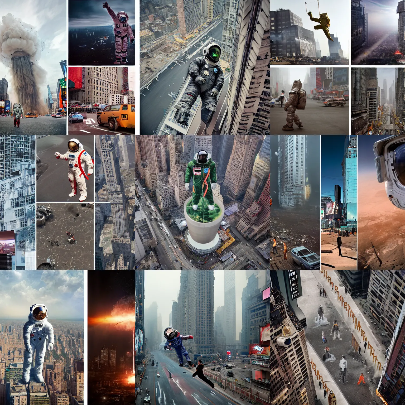 Prompt: giant hulked oversized american spacesuit astronaut in postapocalyptic times square nuclear bombing, overcast, birds eye view, by steve mccurry, by oleg oprisco, by thomas peschak, by nasal, by victor enrich, by gregory crewdson