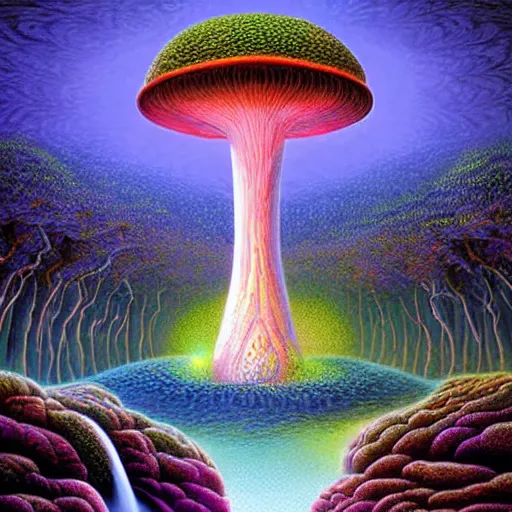 Image similar to lightning mushroom waterfall rave panoramic fantasy rich geometric octane render hyper realism by rob gonsalves, james christensen, alex grey, android jones, lisa frank