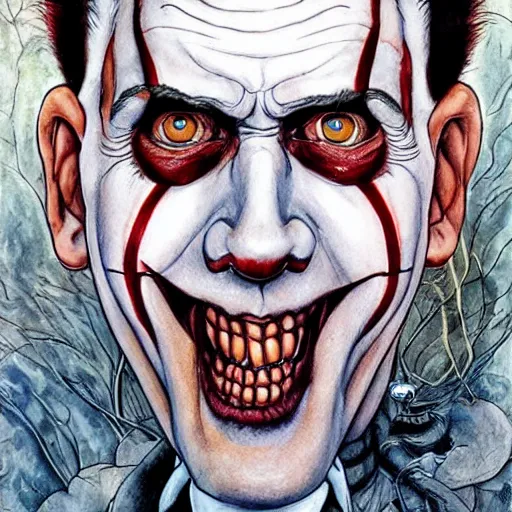 Prompt: Nicolas Cage as Pennywise from IT portrait painted in Frank frazzeta style drawn by Vania Zouravliov and Takato Yamamoto, inspired by Fables, intricate acrylic gouache painting, high detail, sharp high detail, manga and anime 2000