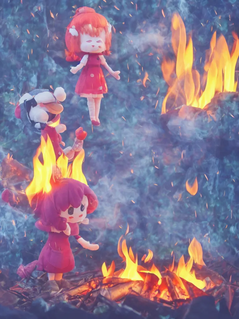 Prompt: cute fumo plush manic happy pyromaniac girl giddily starting a fire in the forest, campfire flames burning, warm glow and volumetric smoke vortices, rule of thirds composition, vignette, vray