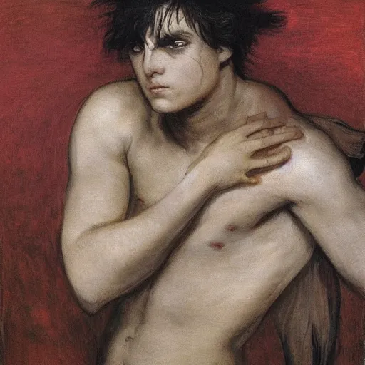 Image similar to a portrait of EREN YEAGER in the style of The Fallen Angel (1847) painting by Alexandre Cabanel