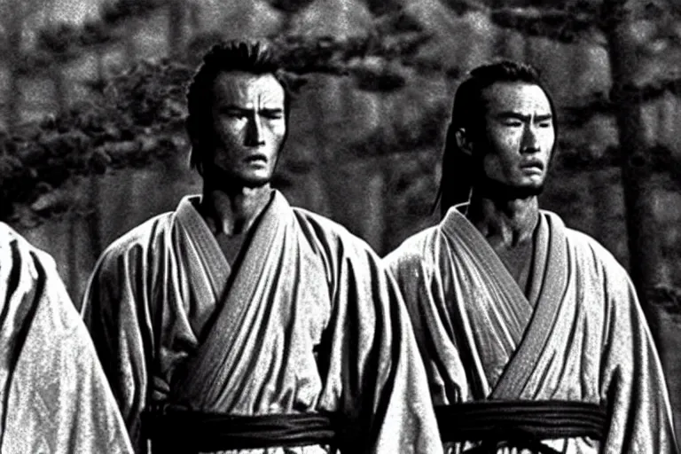 Prompt: young clint eastwood as a ronin samurai brothers, in robes, in the movie seven samurai ( 1 9 5 4 ). grainy movie still, high detail, sharp focus