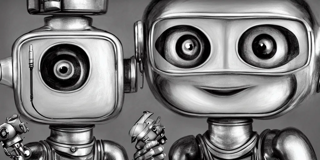 Image similar to closeup portrait of tin toy retro robot artist drawing sketch in a workshop, depth of field, zeiss lens, detailed, centered, fashion photoshoot, by nicoletta ceccoli, mark ryden, lostfish, breathtaking, 8 k resolution, extremely detailed, beautiful, establishing shot, artistic, hyperrealistic, octane render