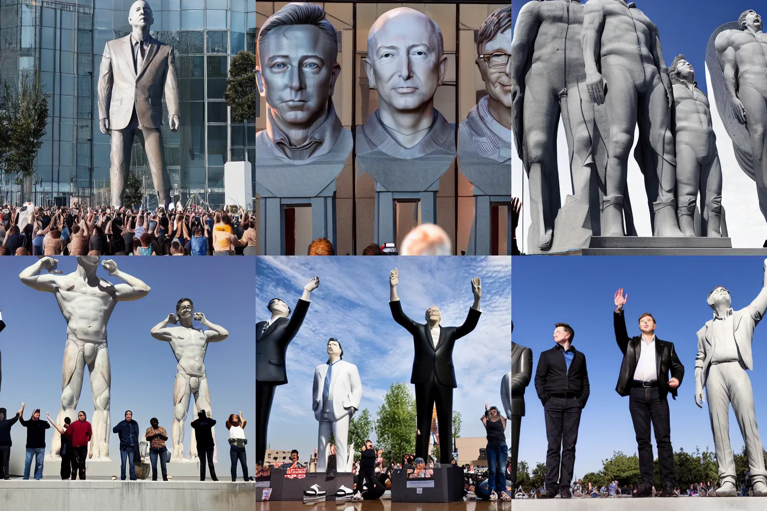 Prompt: giant statues of Jeff Bezos, Elon Musk, and Bill Gates, a crowd of people kneeling worshipping the statues, 8k photographs,