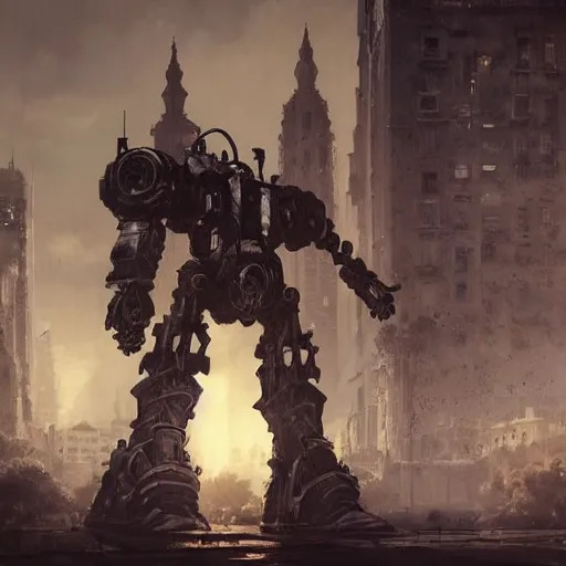 Prompt: six feet tall mech fighting in an urban environment, gaudi, by gaston bussiere, by ismail inceoglu, octane render, by weta digital, cinematic lighting, bump mapped, lumen reflections, action scene screenshot, epic scale