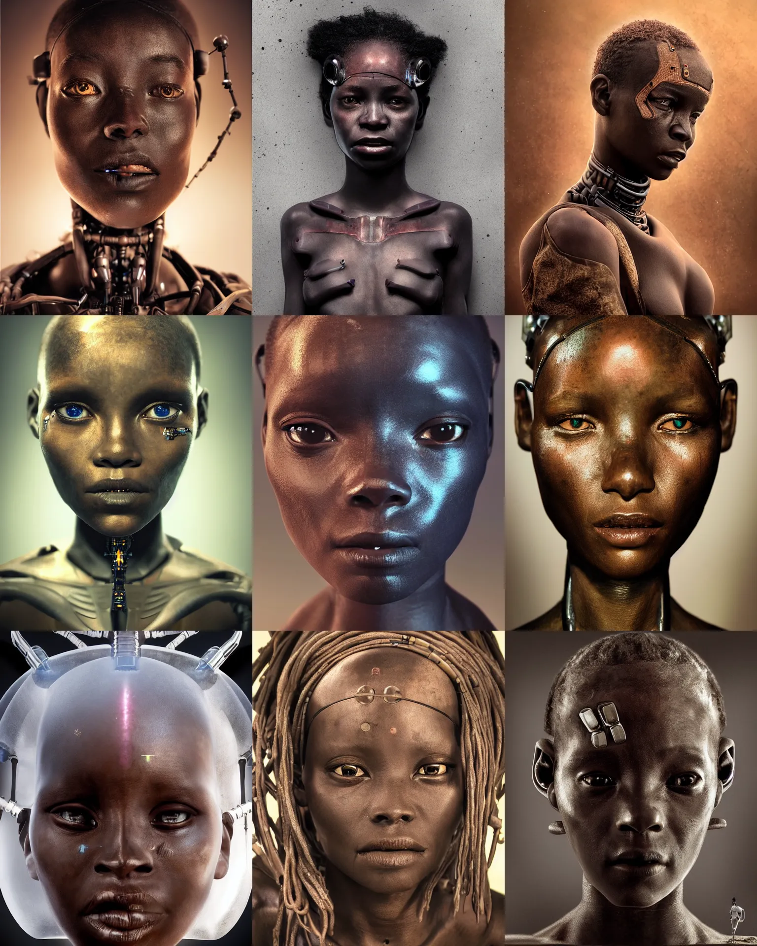 Prompt: futuristic himba young woman, cybernetic eye, mechanical limbs, realistic portrait film photograph, concept art for the expanse, dramatic lighting, intricate