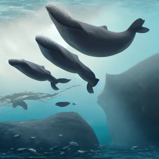 Image similar to ultra realistic underwater photography, panoramic picture of an ocean floor with a few baluga whales. focus on the whales. the whales are anatomically correct and highly detailed. lots of bubbles. seaweed and some rocks. gloomy scattered light entering from the water surface, artstation, 8 k