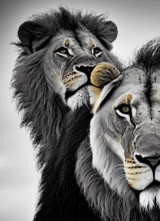 Prompt: close up lion and lioness black and white portrait white sky in background