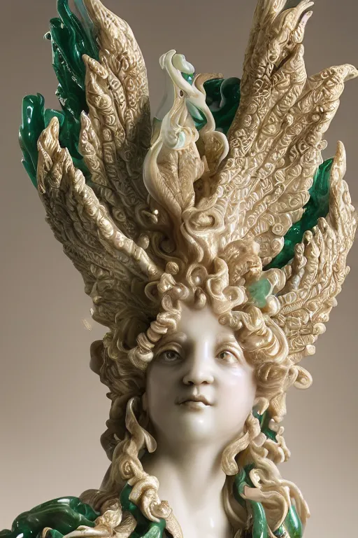 Image similar to a closeup photo, rococo alabaster and jade real delicate ceramic porcelain sculpture of an ornate detailed phoenix goddess in front of an intricate background by rafael, micro detail, backlit lighting, subsurface scattering, translucent, thin porcelain, emerald, jade, octane renderer, colorful, physically based rendering, trending on cgsociety