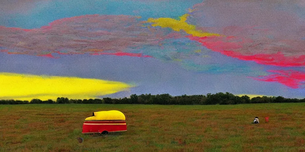 Image similar to empty clown land for miles in every direction there is a long caravan of clowns and clown cars from the 1 8 0 0 s on the horizon puffy clouds in the sky at sunset, rainbow hour, rule of thirds, art, red and yellow