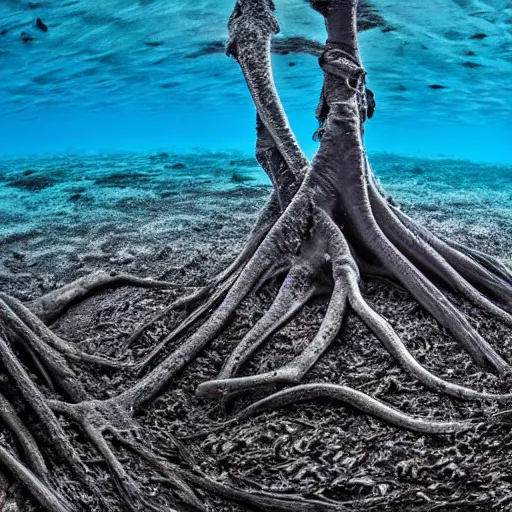 Prompt: mangrove roots underwater, award winning cyan and white photography, high contrast, high definition