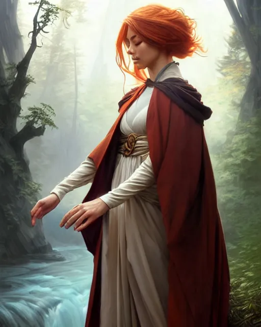 Image similar to a robed apprentice air bender, woodland river scene, fantasy character portrait, ultra realistic, intricate, elegant, highly detailed, digital painting, artstaion, smooth, sharp, focus, illustration, art by artgerm and greg rutkowski and alphonse mucha