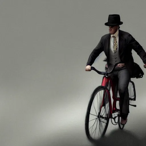 Image similar to epic portrait an man in a fedora and a suit riding a bicycle in a town, digital painting, artstation, concept art, soft light, hdri, smooth, sharp focus, illustration, fantasy, intricate, elegant, highly detailed, D&D, matte painting, in the style of Greg Rutkowski and Alphonse Mucha and artemisia, 8k, highly detailed, jurgens, rutkowski, bouguereau, pastoral, rustic, georgic, detailed concept art, illustration, colorful pastel, painting, detail, ultra detailed, digital art, 4K,