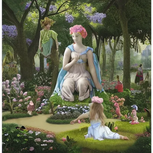 Prompt: a whimsical garden scene. In the art installation, a young girl can be seen playing among the flowers and trees, while a fairy watches over her. blueprint by Raphael Lacoste, by Kent Monkman ghastly