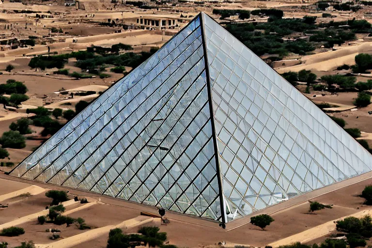 Prompt: The glass Louvre Pyramid, built in the Egyptian desert, designed by I.M. Pei.