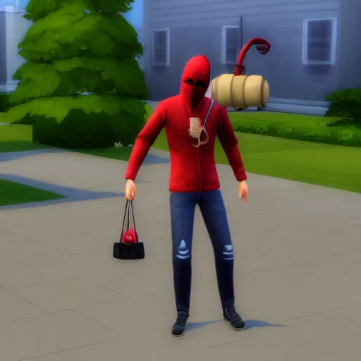 Prompt: a person wearing a red hood and holding a bell in sims 4 screenshot