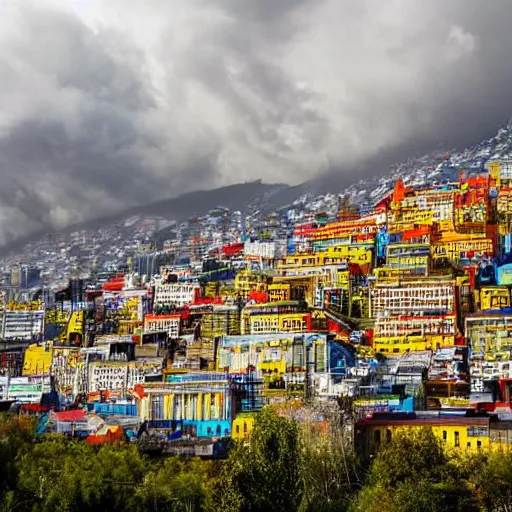 Image similar to City on a hillside, futuristic city on mountainside, red yellow and blue buildings, clouds on hill