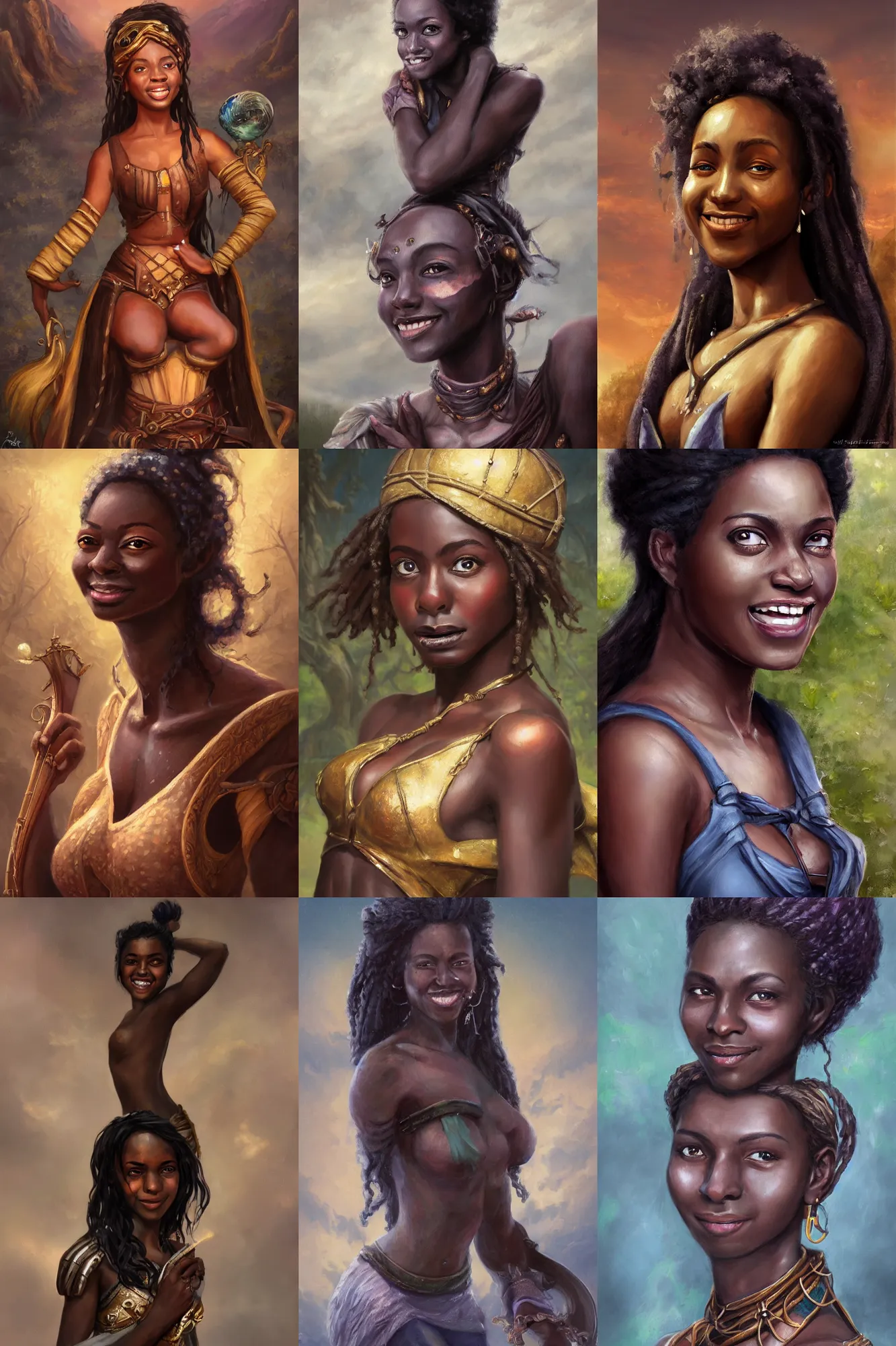 Prompt: a full body high detail fantasy portrait oil painting illustration of a single beautiful smiling bard dark skinned woman by justin sweet with face and body clearly visible, in a scenic background, pretty eyes, realistic proportions, d & d, rpg, forgotten realms, artstation trending, high quality, sombre mood, artstation trending, muted colours, entire person visible!