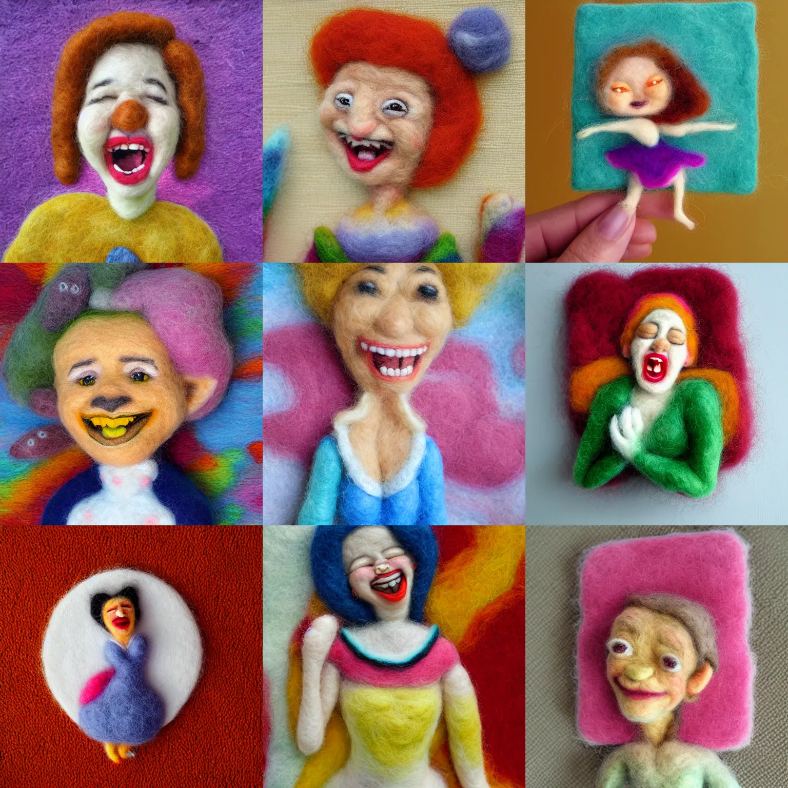 Prompt: needle felted flat portrait painting of a goofy laughing renaissance woman, highly detailed, tilt shift, cute, hyperrealism, highly textured, god rays, needle felting