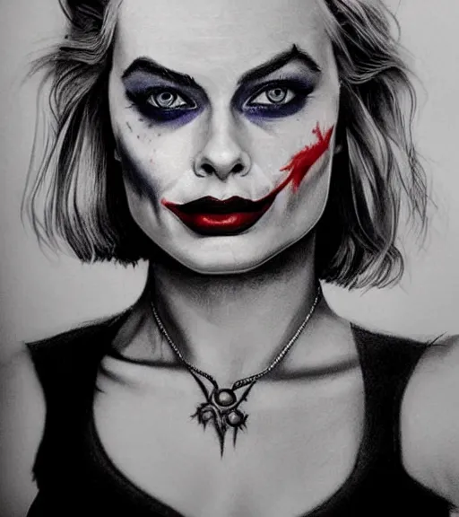 Image similar to tattoo design sketch of beautiful margot robbie portrait with joker makeup, in the style of den yakovlev, realistic face, black and white, realism tattoo, hyper realistic, highly detailed