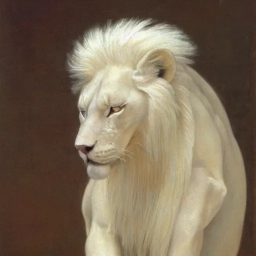 Prompt: award winning photo of muscular male albino anthropomorphic anthro furry white lion by george frederic watts