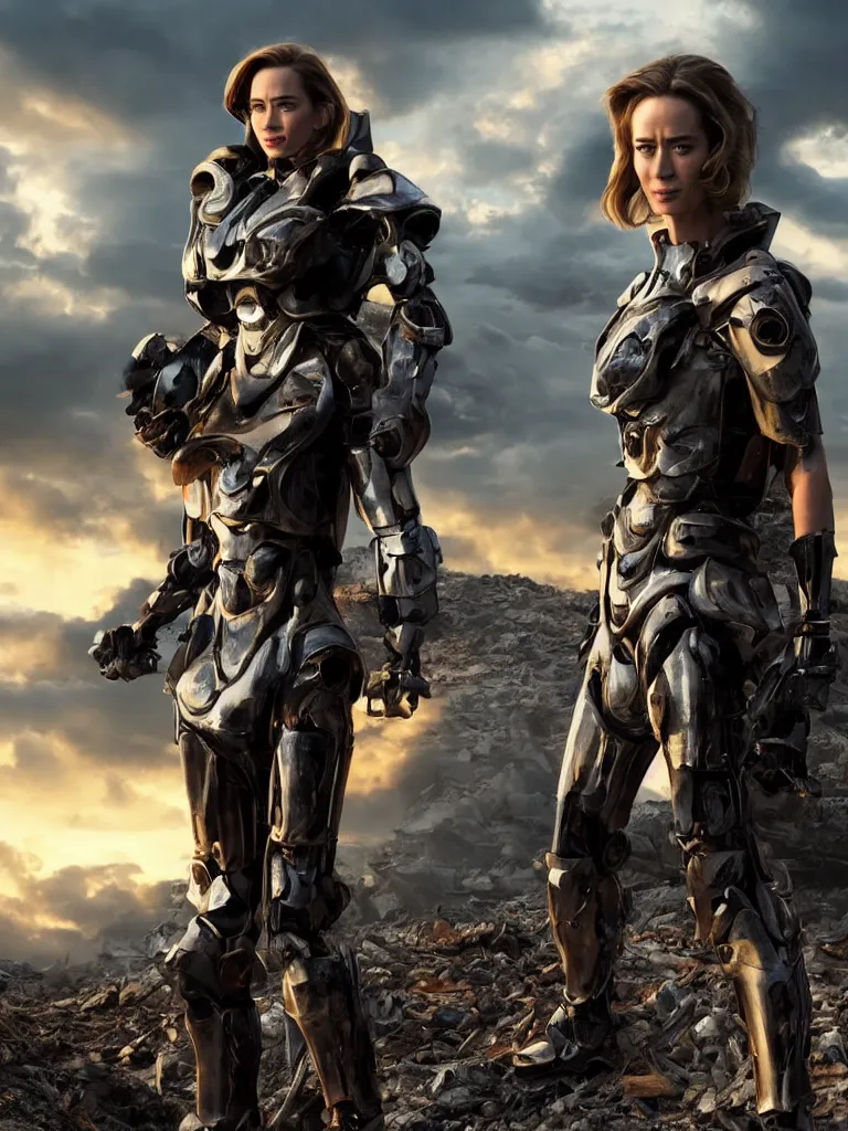 Image similar to emily blunt in futuristic power armor, close up portrait, solitary figure standing atop a pile of rubble, holding a sword on her shoulder, sunset and big clouds behind her