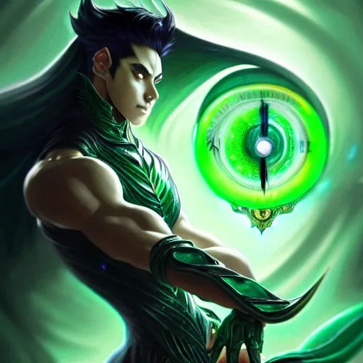 Prompt: a man with dark green hair, green glowing eyes that look like a clock, high detail clothing, fantasy, elegant, highly detailed, digital painting, artstation, concept art, smooth, sharp focus, illustration, artbook, dynamic pose, splash art, promo art, soul caliber, art by artgerm and greg rutkowski and bo chen and jin xiaodi