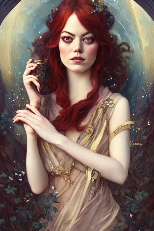 Image similar to Emma Stone by Tom Bagshaw in the style of Gaston Bussière, art nouveau