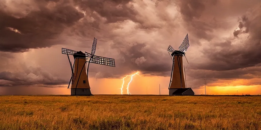 Prompt: photo of a stormy west texas sunset, perfect windmill, lightning, golden hour, high quality, beautiful!!!