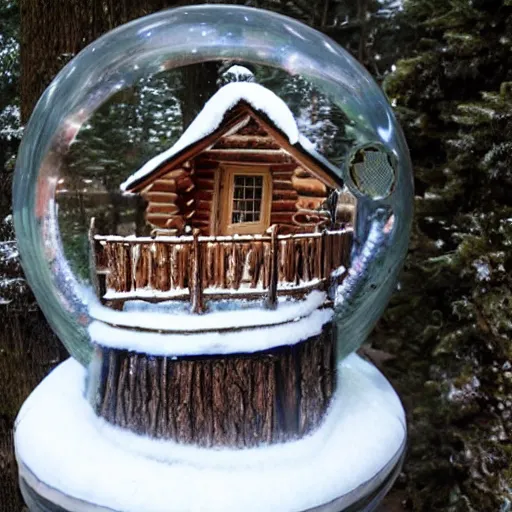 Image similar to A snowglobe on display with a log cabin inside.