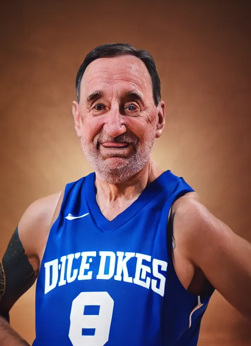 Prompt: portrait photography of mike krzyzewski as the god king emperor, blue devils, basketball, glowing, divinity power, volumetric light, unreal engine 5