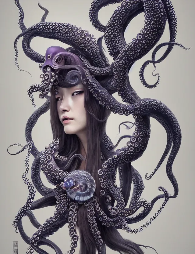 Image similar to 3 d goddess octopus half - turn portrait with long hair with ram skull. beautiful intricately detailed japanese crow kitsune mask and clasical japanese kimono. betta fish, jellyfish phoenix, bio luminescent, plasma, ice, water, wind, creature, artwork by tooth wu and wlop and beeple and greg rutkowski