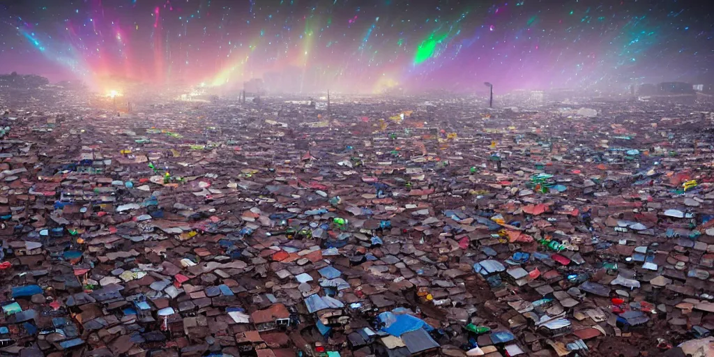 Prompt: AJEGUNLE SLUMS of Lagos surrounding large UFO within NEON rays of light,